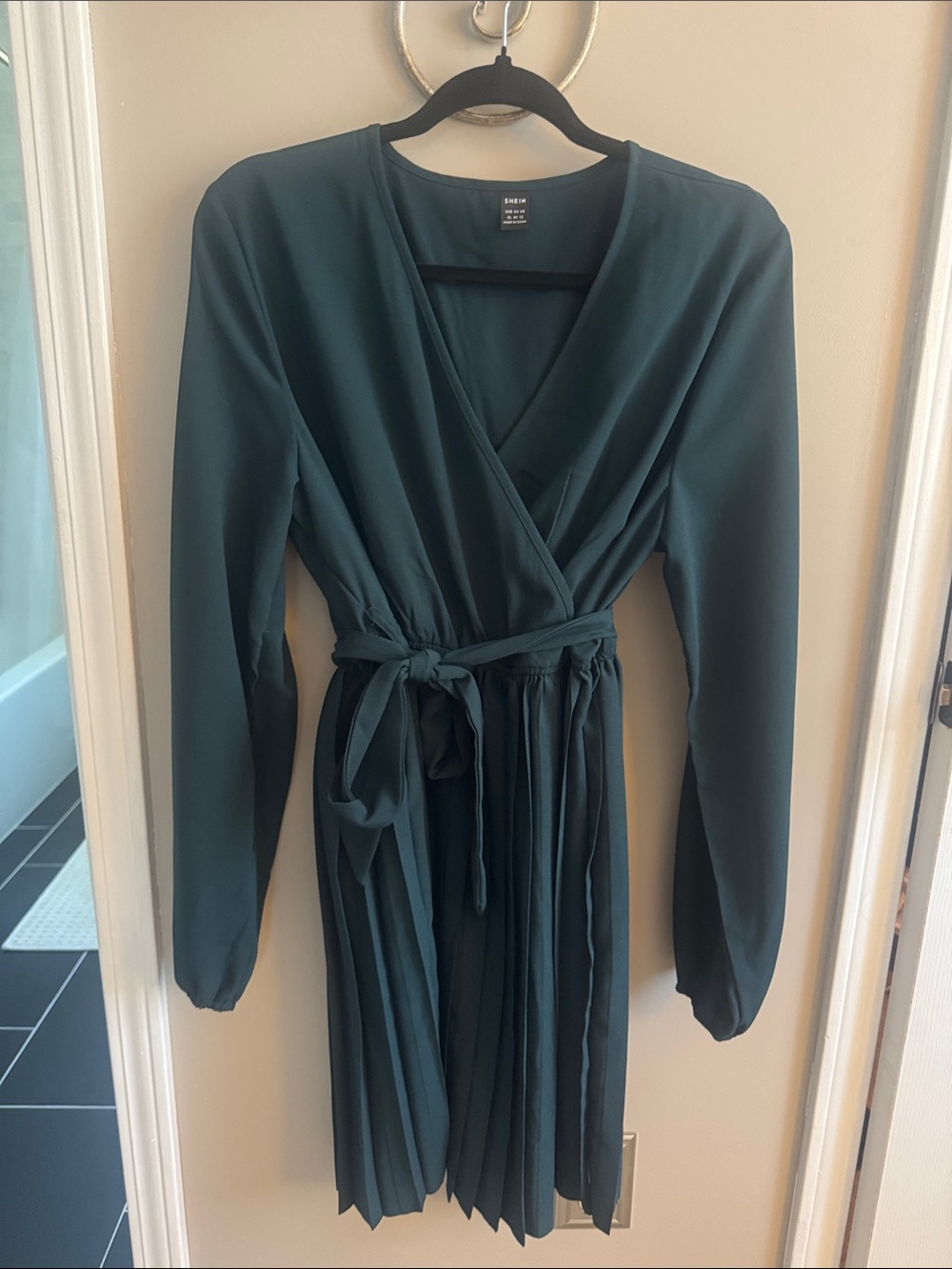 SHEIN Teal Wrap Pleated Long-Sleeve Midi Dress